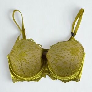 Victorias Secret Dream Angels Bra 32DD Mustard Yellow Lace Overlay Velvet‎ Sexy